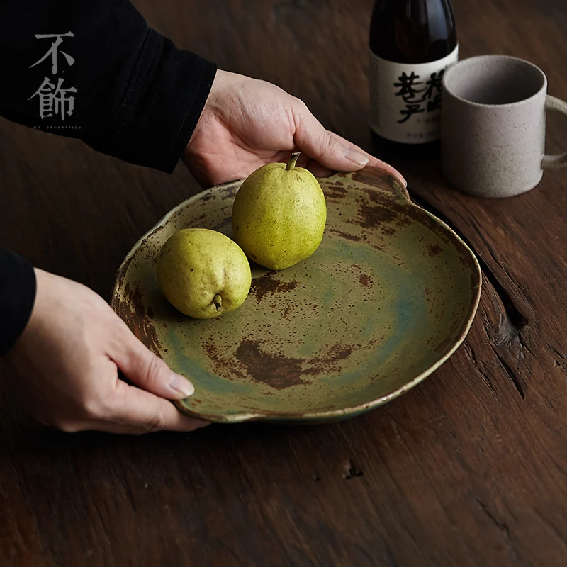 【手捏双耳圆盘】侘寂 粗陶餐盘大号意面盘日式菜盘 美食道