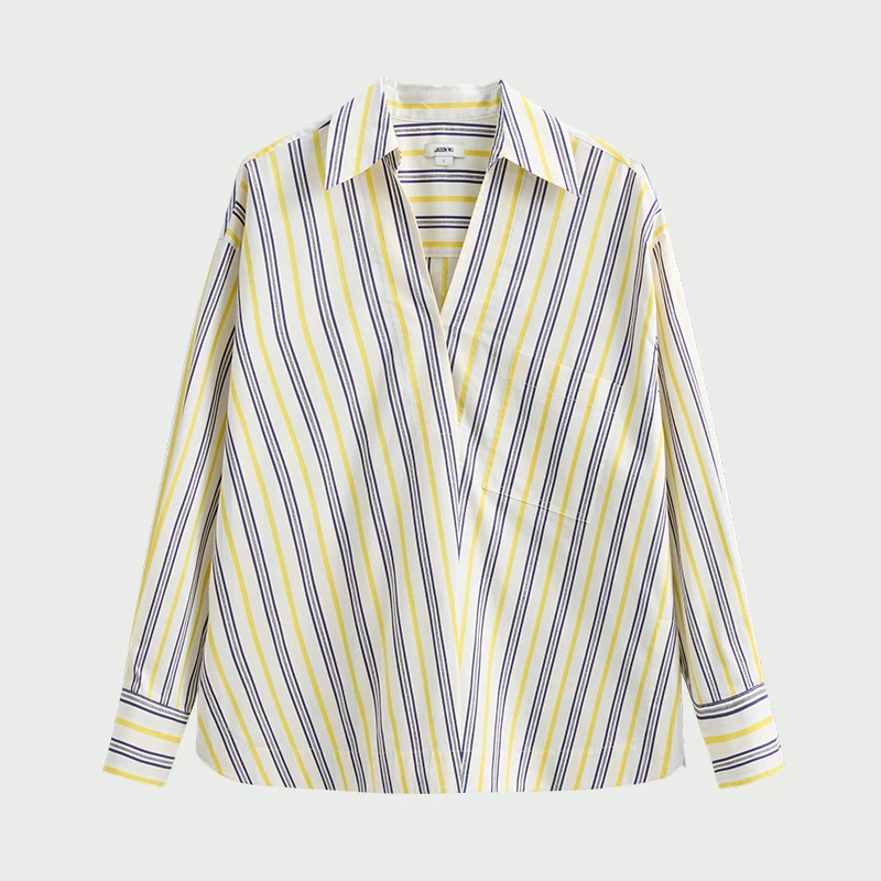 【夏季推荐】JASON WU 棉质宽松条纹休闲上衣长袖士衬衣衬衫
