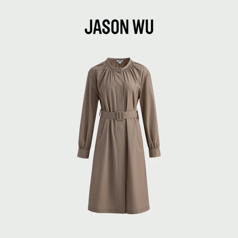 JASON WU 早春新款圆领收腰抽皱连衣裙绵羊毛通勤裙子长裙连衣裙
