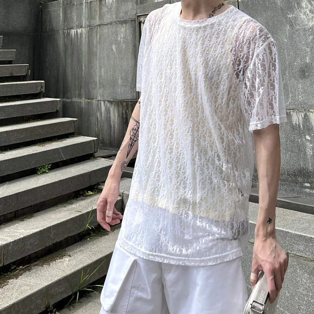 全新未使用 DIOR/迪奥 男女同款白色透明老花logo短袖T恤时尚百搭