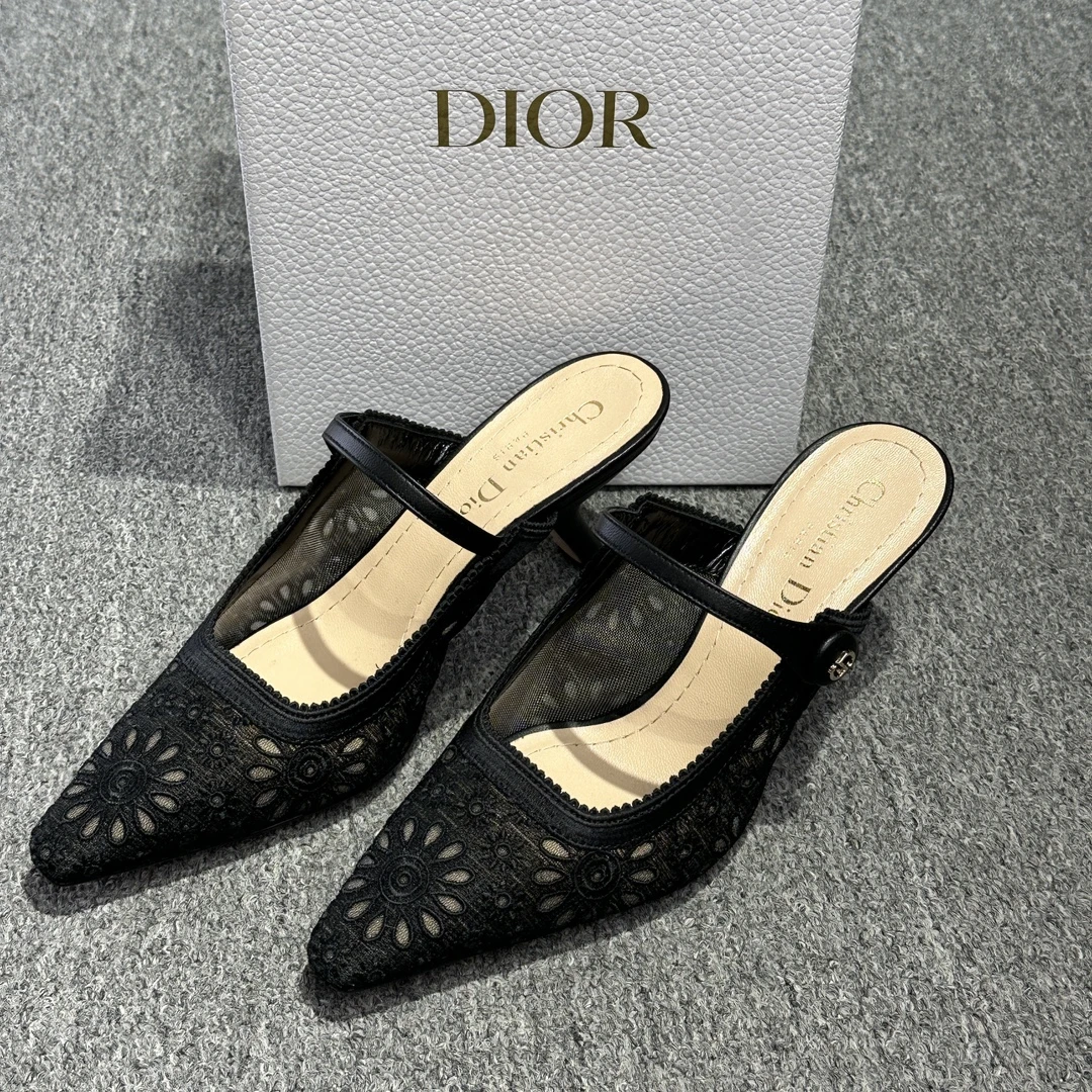 全新未使用 DIOR/迪奥 迪奥女士黑色织物半根拖鞋夏季蕾丝