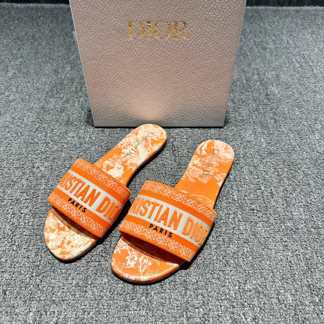 全新未使用 DIOR/迪奥 Dior迪奥女士橘色动物园织物拖鞋