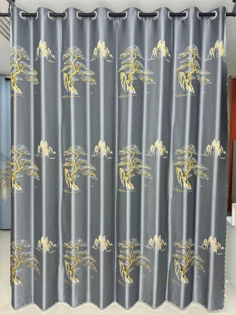 高精密贡缎高级灰迎客松加厚窗帘