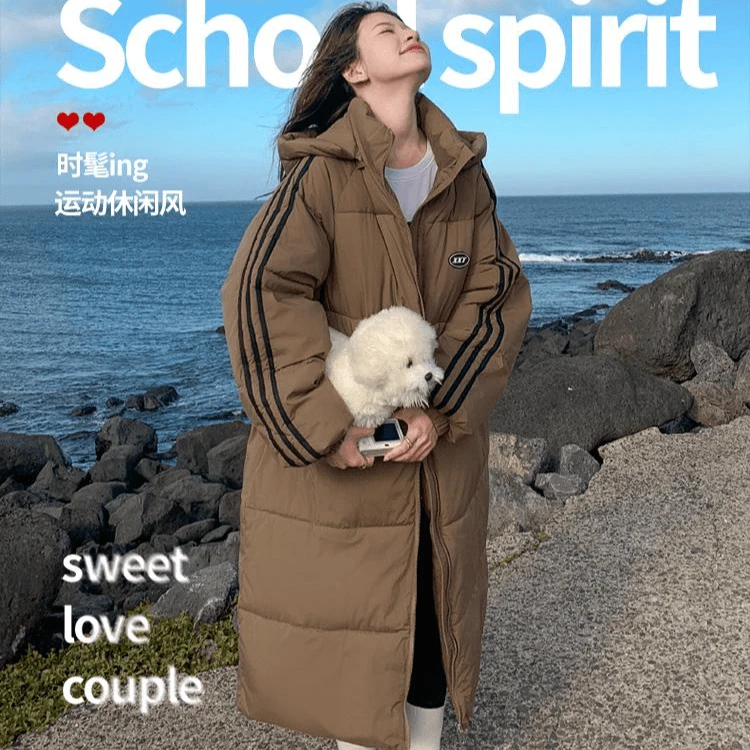 情侣款过膝棉服女韩系大码宽松连帽棉袄加厚保暖学生女装棉衣外套