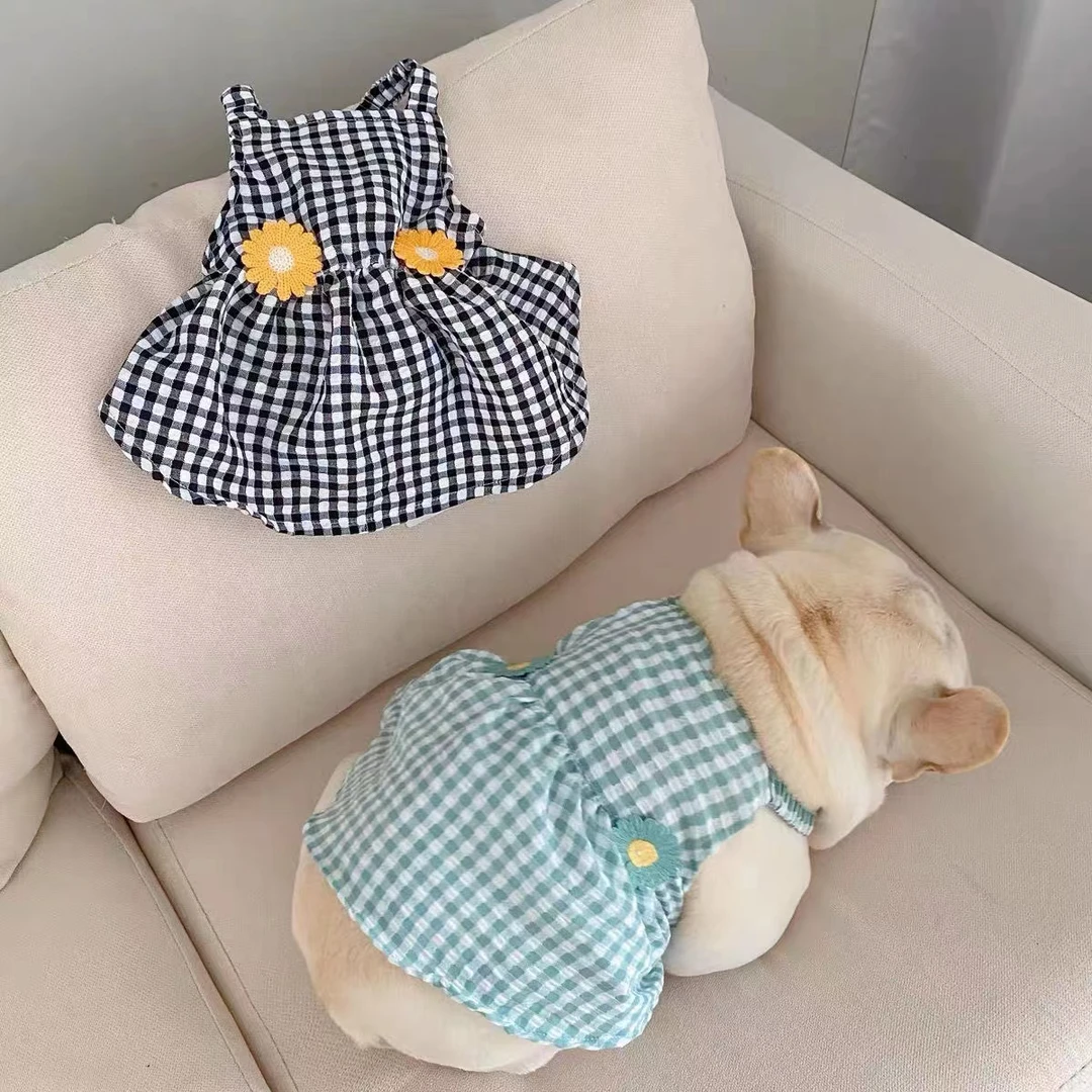 法斗裙子夏季衣服裙子巴哥背心短袖吊带裙子宠物狗春夏季格子衣服