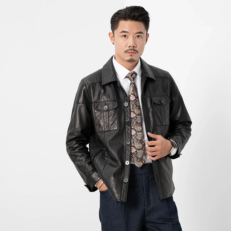 乔飒男士真皮皮衣经典修身衬衫款夹克秋季必备单品