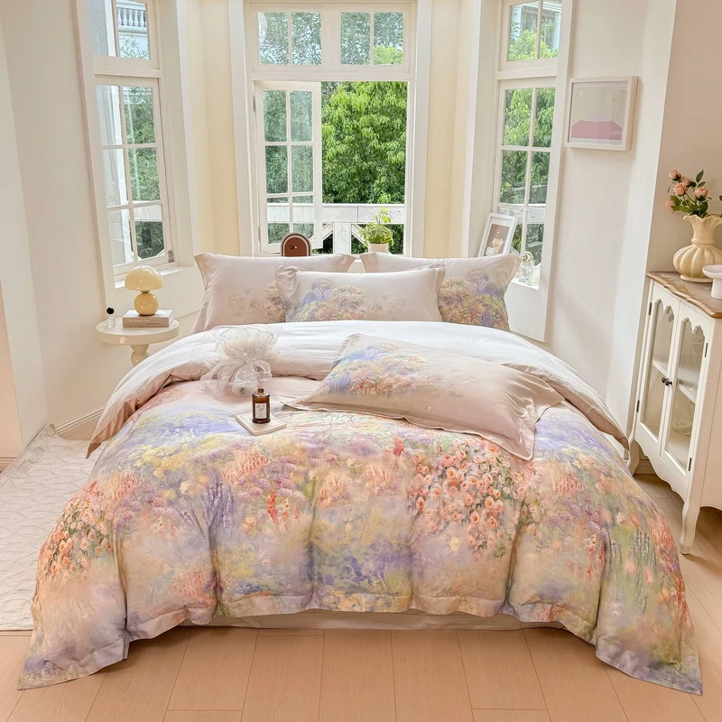 MORIKI天丝棉磨毛数码印花美式风印花床单被套四件套