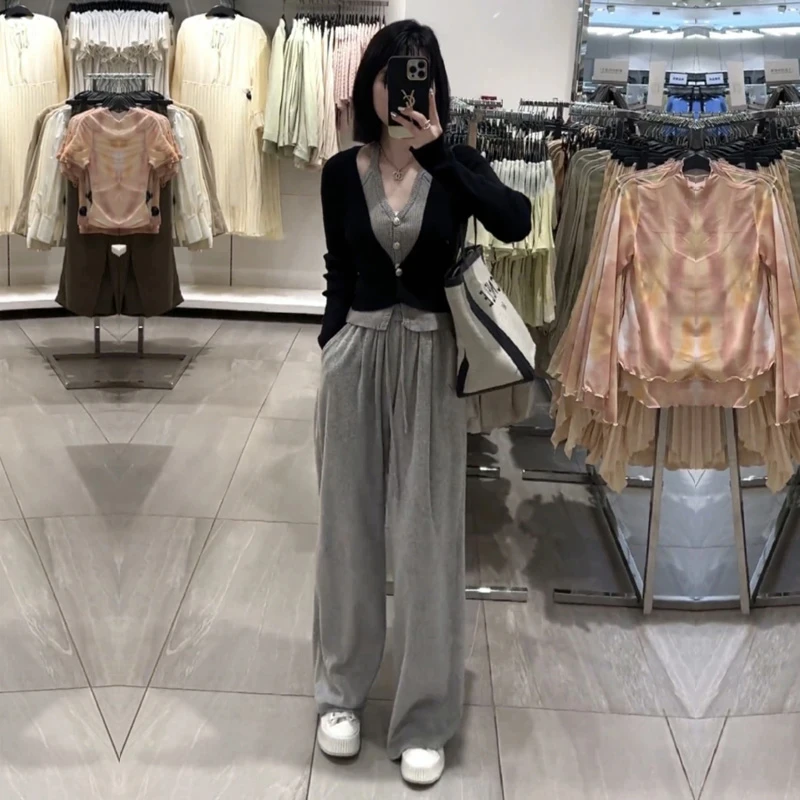 早春新款气质洋气V领挂脖假两件针织开衫女+减龄时尚休闲裤套装