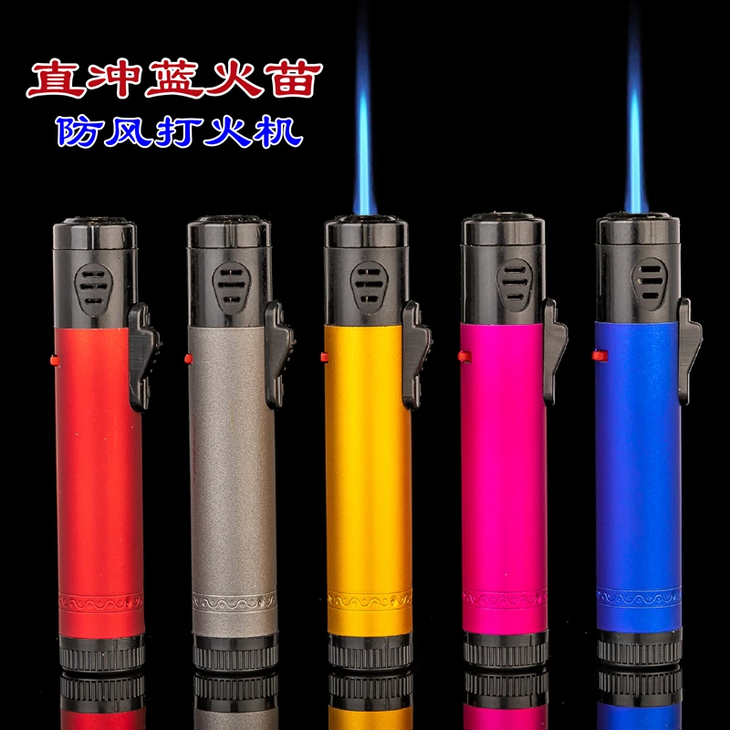 新款圆柱形蓝火防风直冲个性打火机充气铁壳电子广告定制定制火机