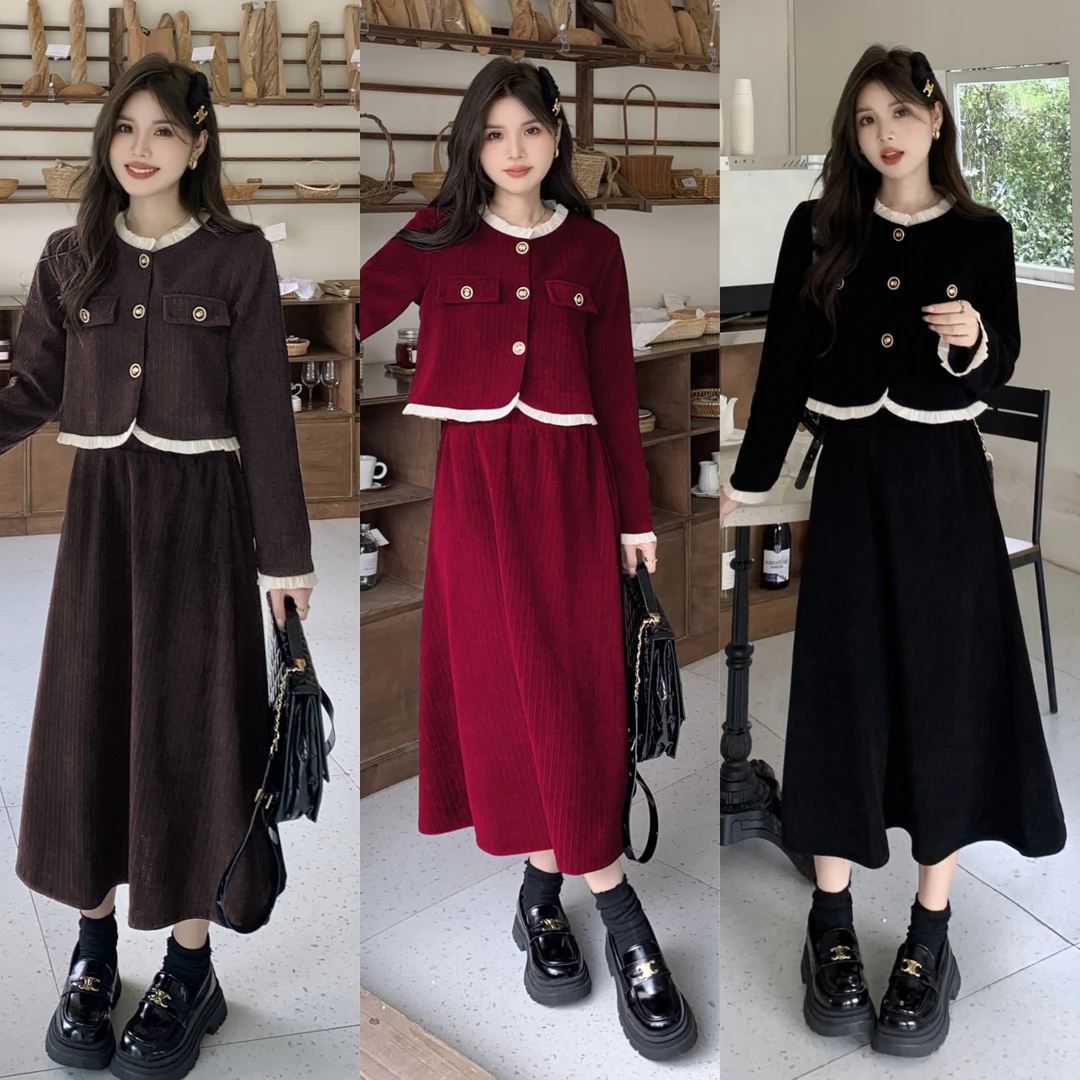 实拍2024新款秋季气质时尚高级感赫本减龄显瘦拼接小香风两件套装