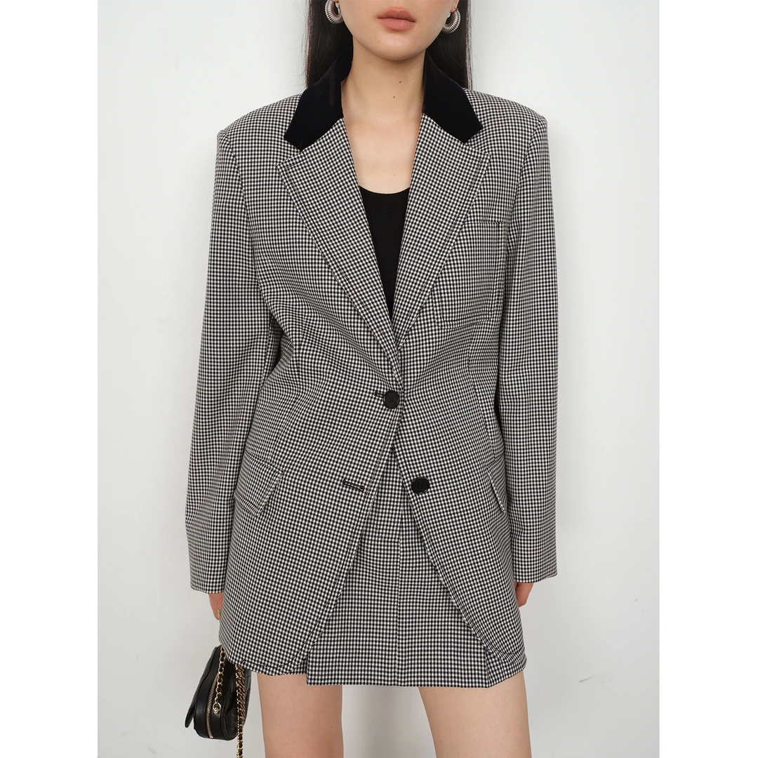 MARYME|丝绒拼接领H版千鸟格气质时尚复古套装M220275&M220269