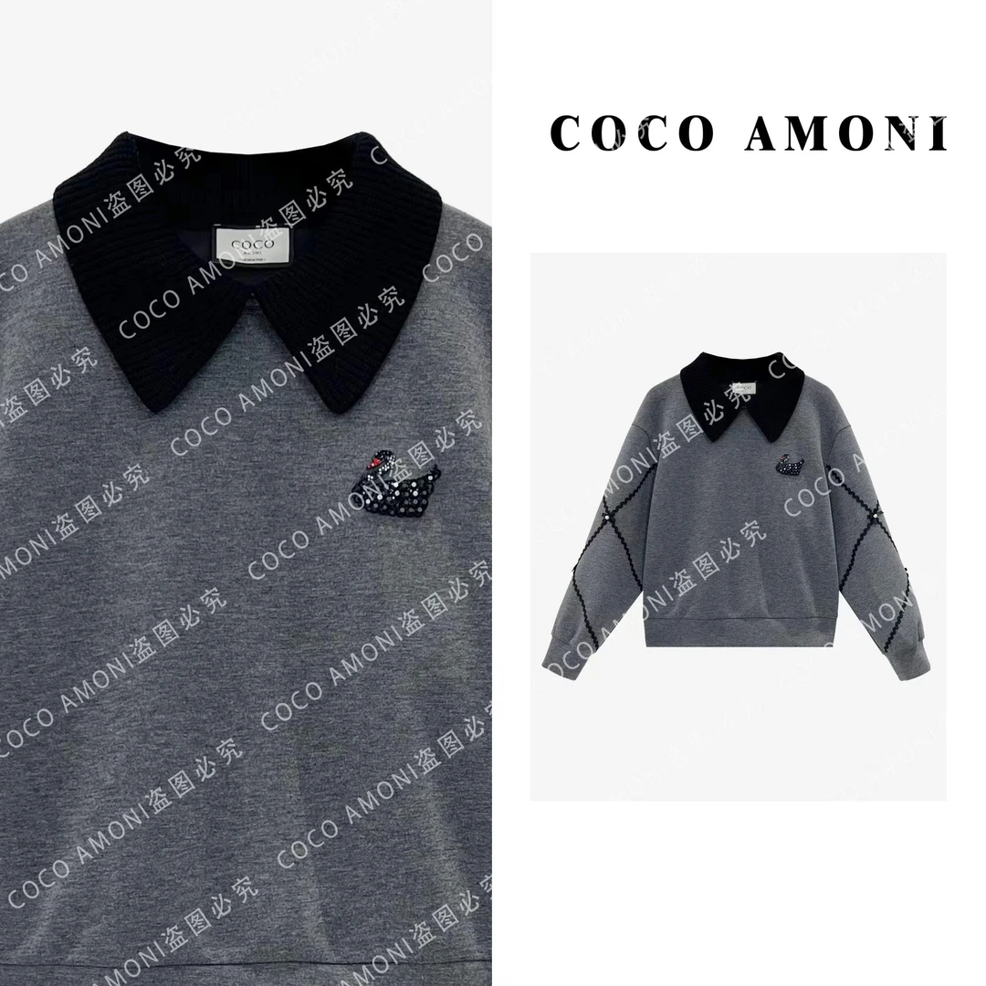 设计高级感气质减龄拼接重磅烫钻天鹅百搭长袖卫衣AB862