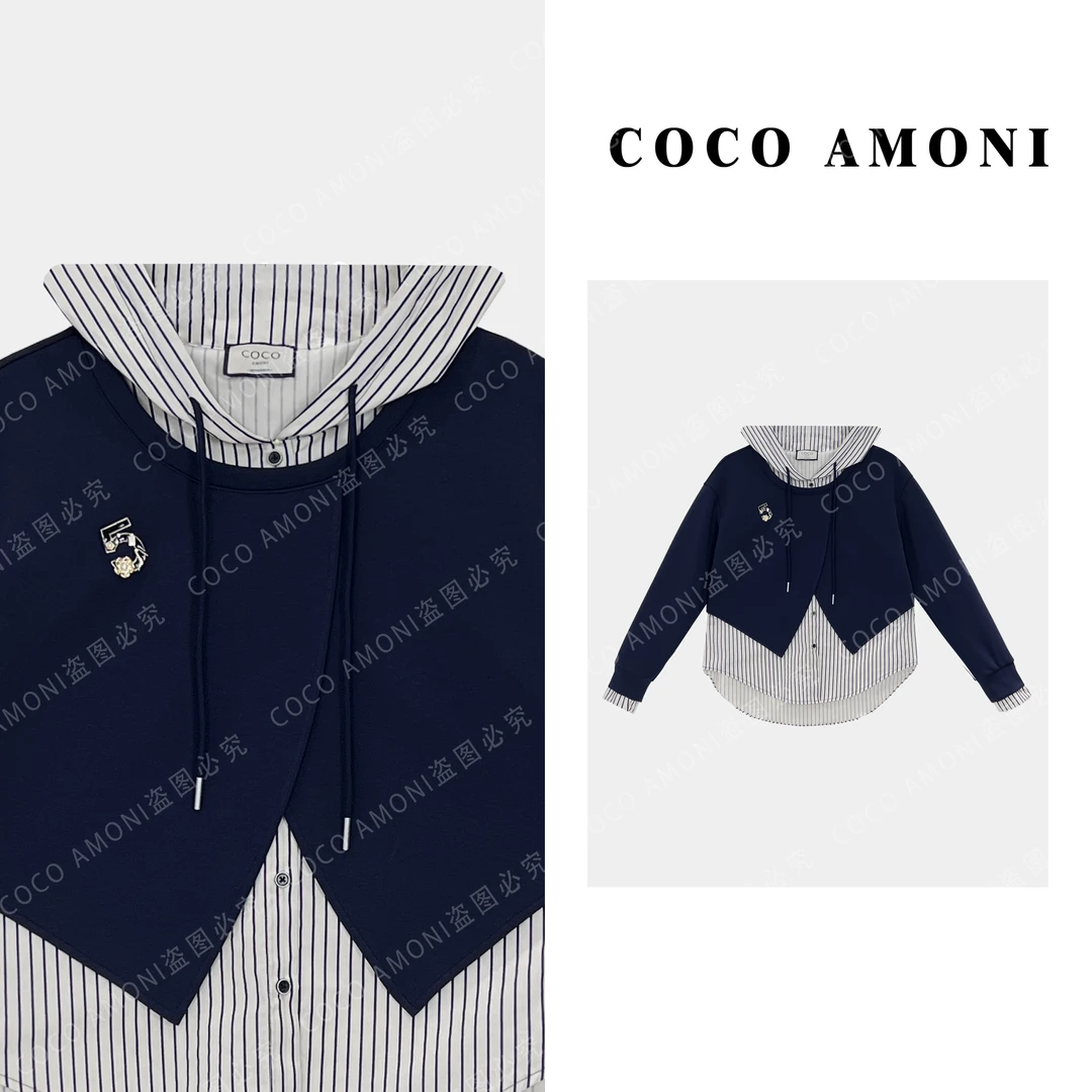 【曼姐专属】款连帽条纹假两件拼接重磅烫钻显瘦长袖卫衣AB736