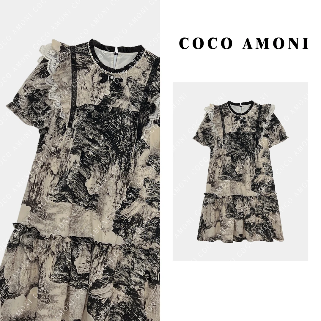 [曼姐]新中式水墨画复古潮流飞飞袖宽松显瘦连衣裙AB515