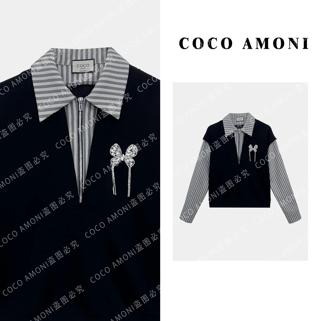 【曼姐专属】设计师款假两件拼接烫钻蝴蝶显瘦百搭长袖上衣ZQ524