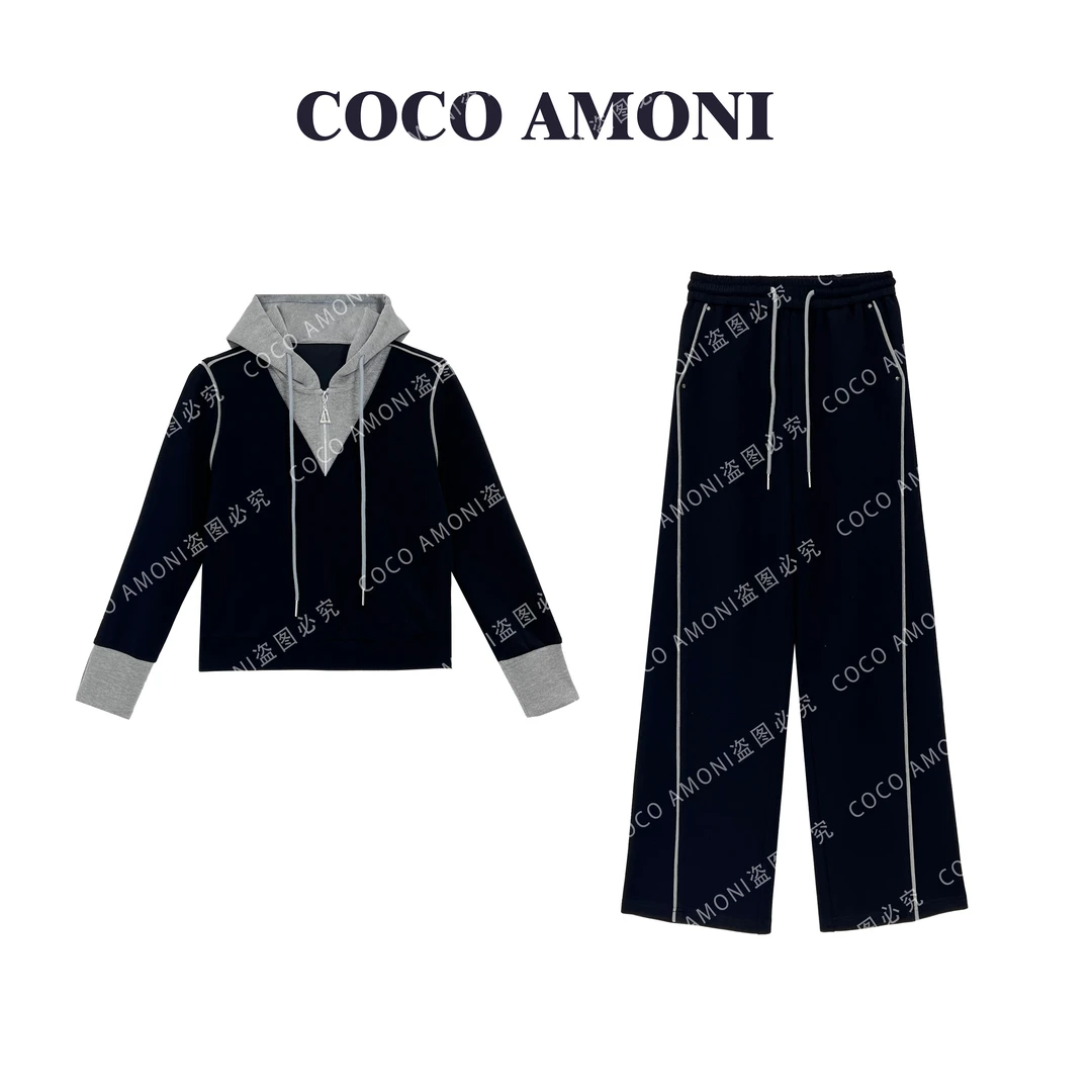 时尚设计师款潮流连帽套装显瘦气质长袖上衣松紧腰长裤AB765