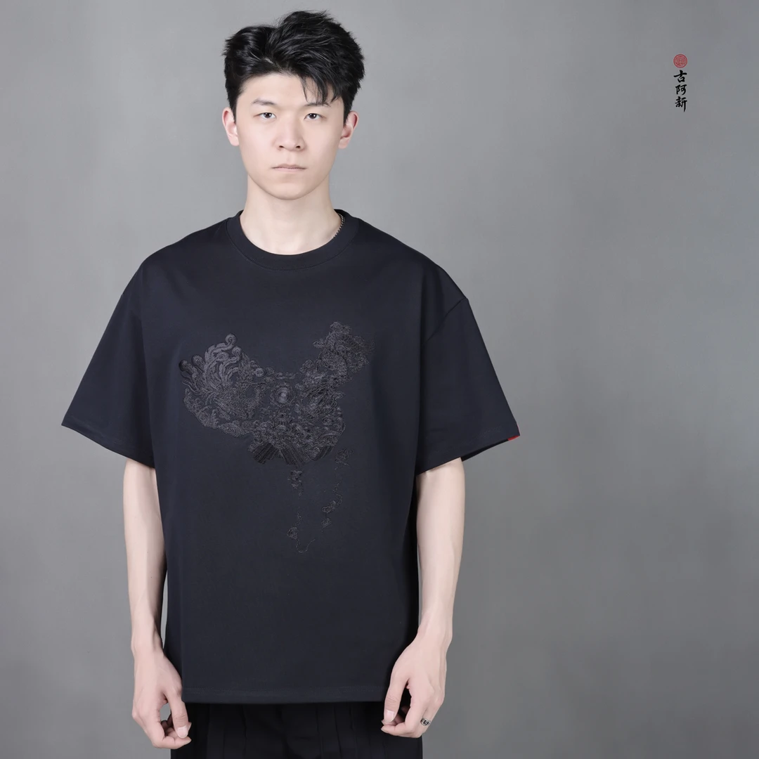 【古阿新国潮】中国风圆领刺绣限量华夏情侣同款春上新重磅针织T恤