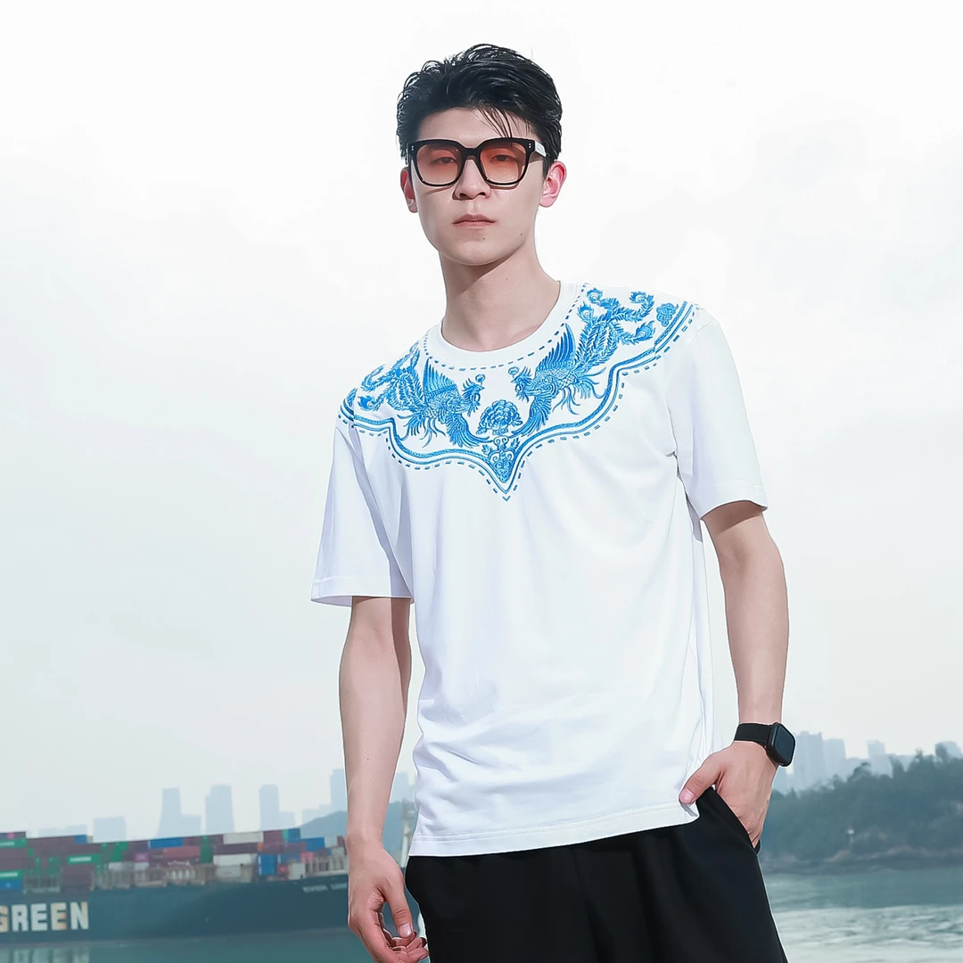 【古阿新国潮】中国风圆领刺绣簪花少年凤凰情侣上新休闲短袖T恤