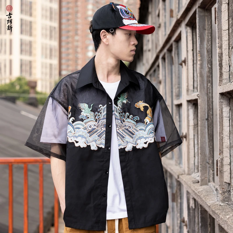 【古阿新国潮】原创中国风轻纱江涯江崖男女情侣百搭夏季衬衫衬衣