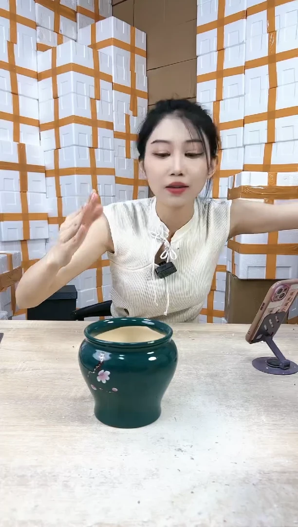 【闪购商品】陶瓷20CM以下缸形墨绿勾花13x13