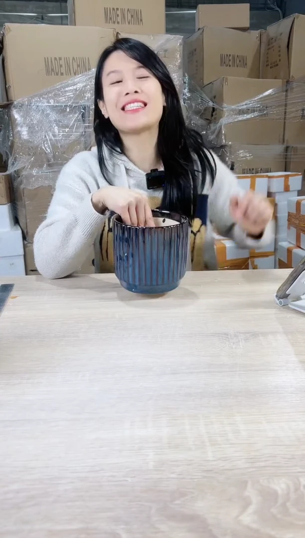 【闪购商品】陶瓷15cm以下条纹孔雀蓝小号15X14