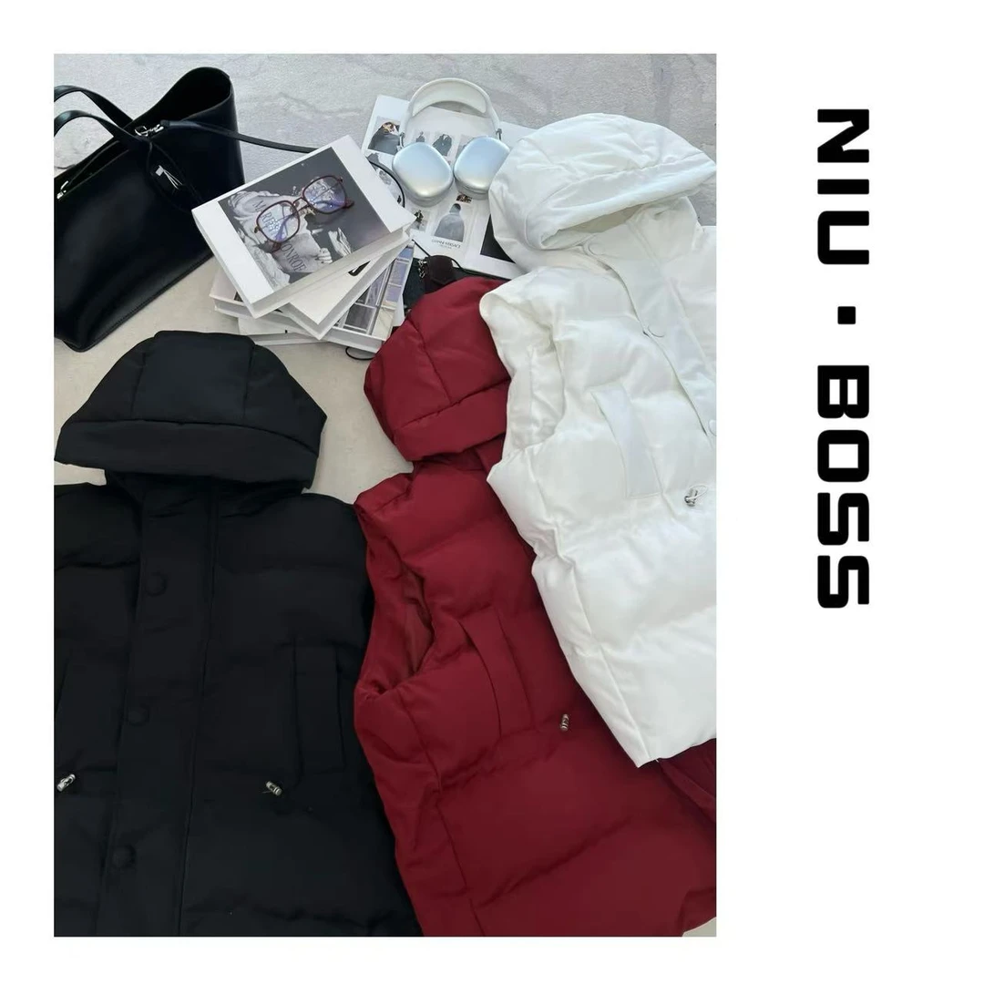 Three Ten. N大码240斤“工装风”抽绳口袋连帽马甲宽松百搭纯色