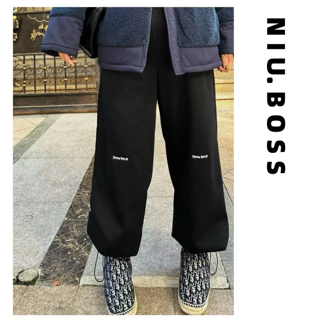 Three Ten. N大码250斤【设计款】冬季百搭拼接黑色加绒运动休闲裤