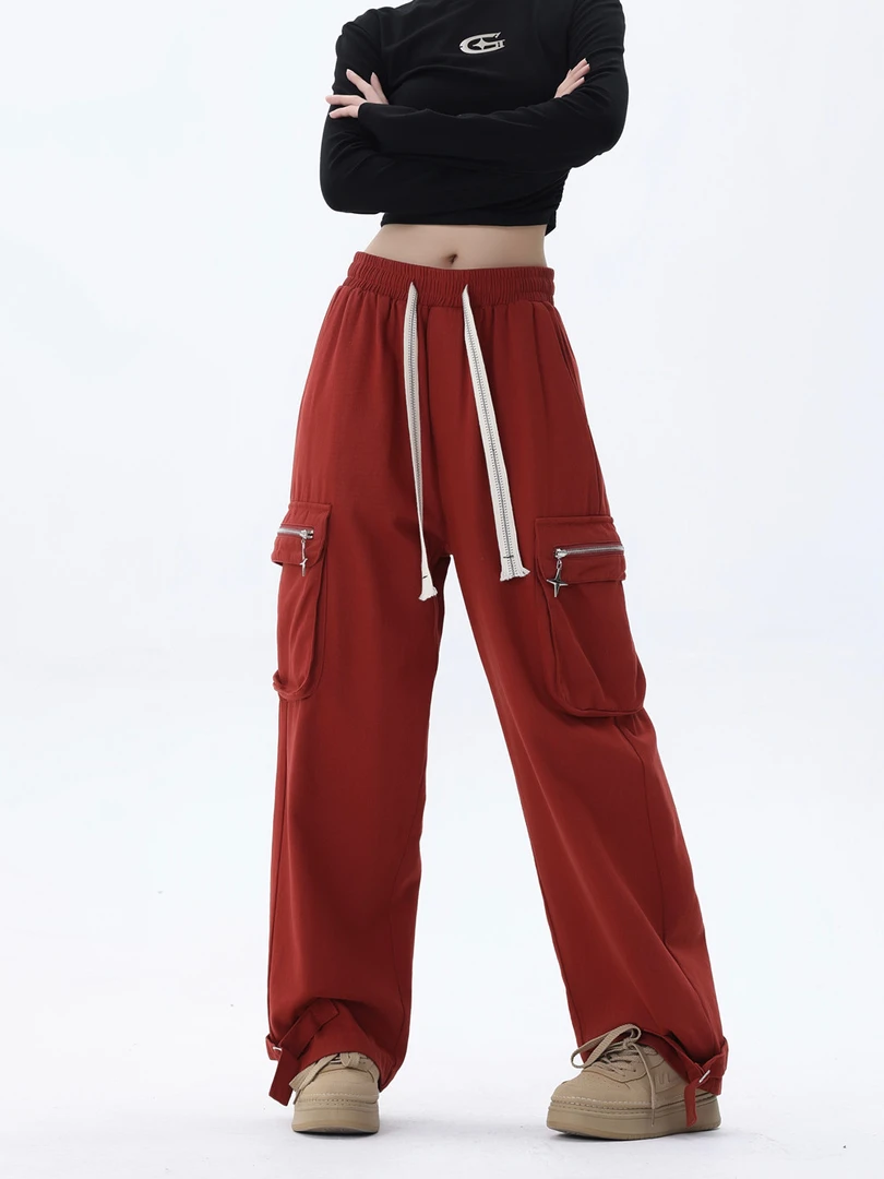 早春季高街百搭宽松美式日系休闲复古酒红色工装裤重磅工艺休闲裤