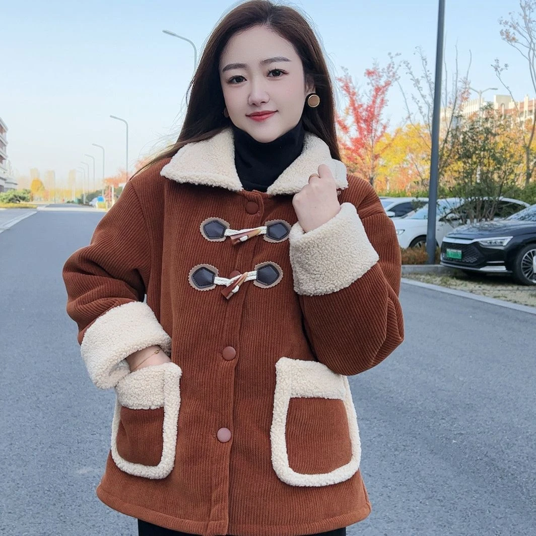 赵小紫01牛角扣小翻领机车服加绒加厚冬季时尚保暖可外穿家居服