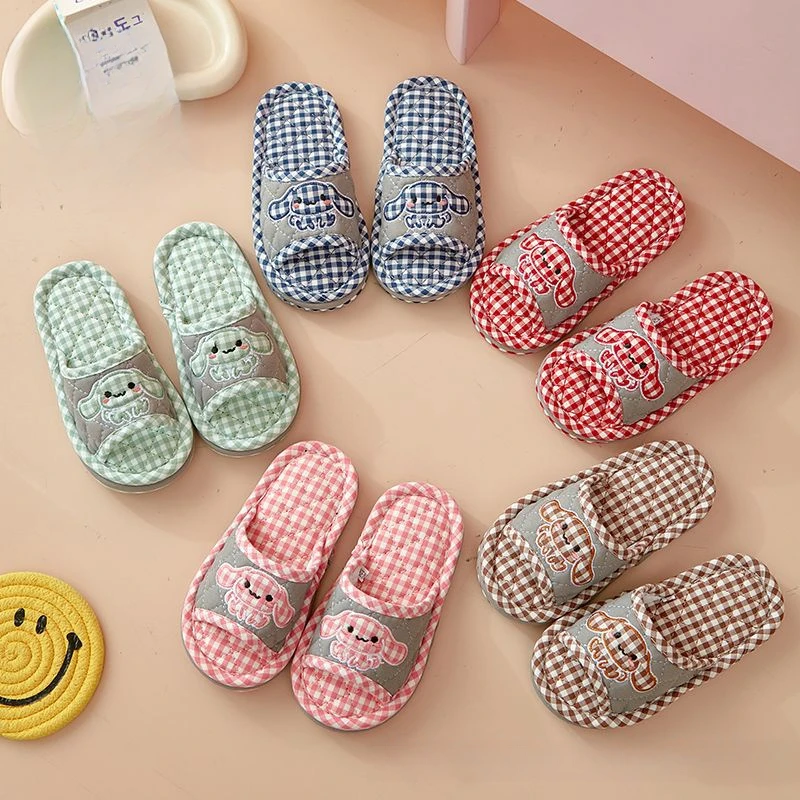 棉布三层加厚布底机洗无声男女亲子居家软底室内卡通大耳狗拖鞋