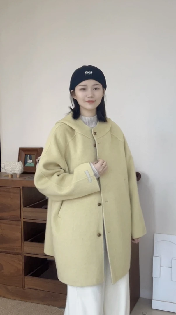 656秋冬新品韩系时尚纯色简约百搭单排扣复古扣双面羊毛毛呢大衣