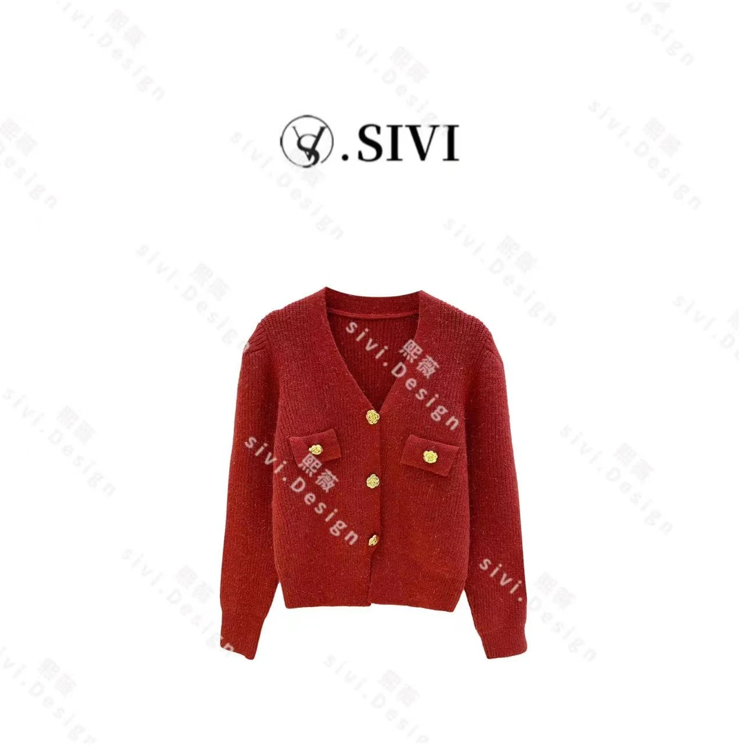 【熙薇品牌】2023秋冬新款时尚ins百搭山茶花高定毛衣外套F2532