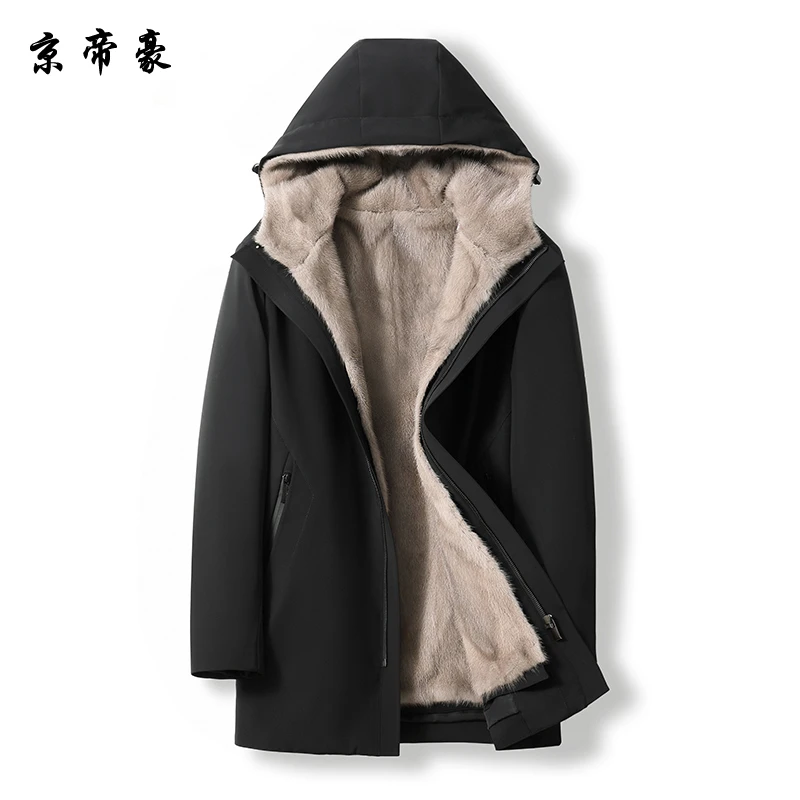 新款男装派克服水貂内胆整貂内胆可脱卸连帽冬装真皮毛商务