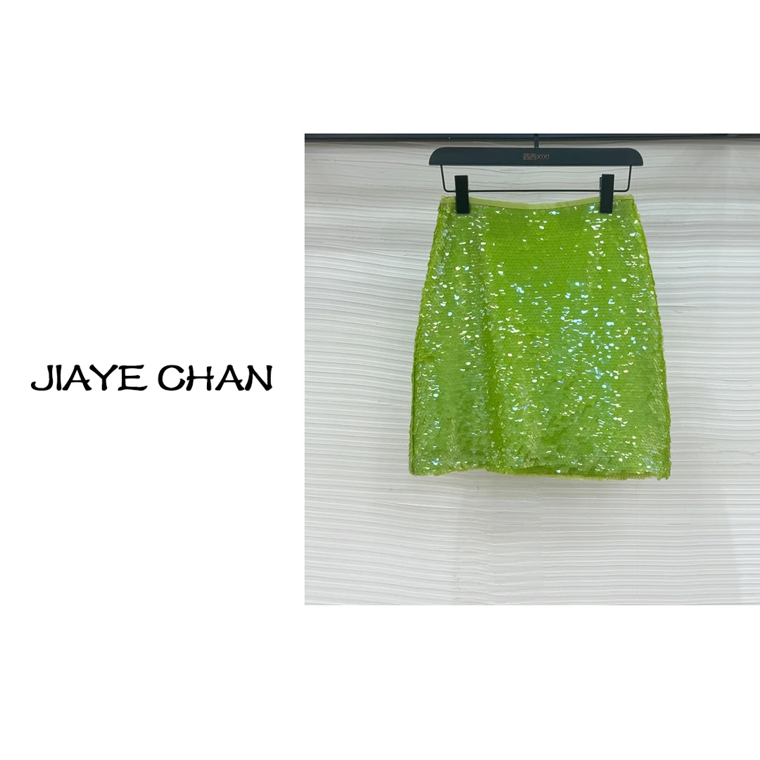 JIAYE CHAN夏日苹果绿亮片气质显瘦半身裙