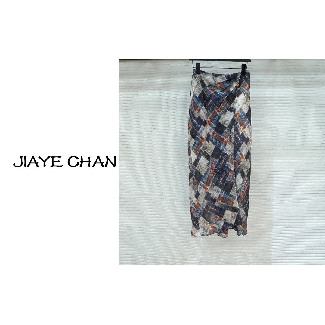 JIAYE CHAN 复古港风高腰印花开叉撞色格子半身裙