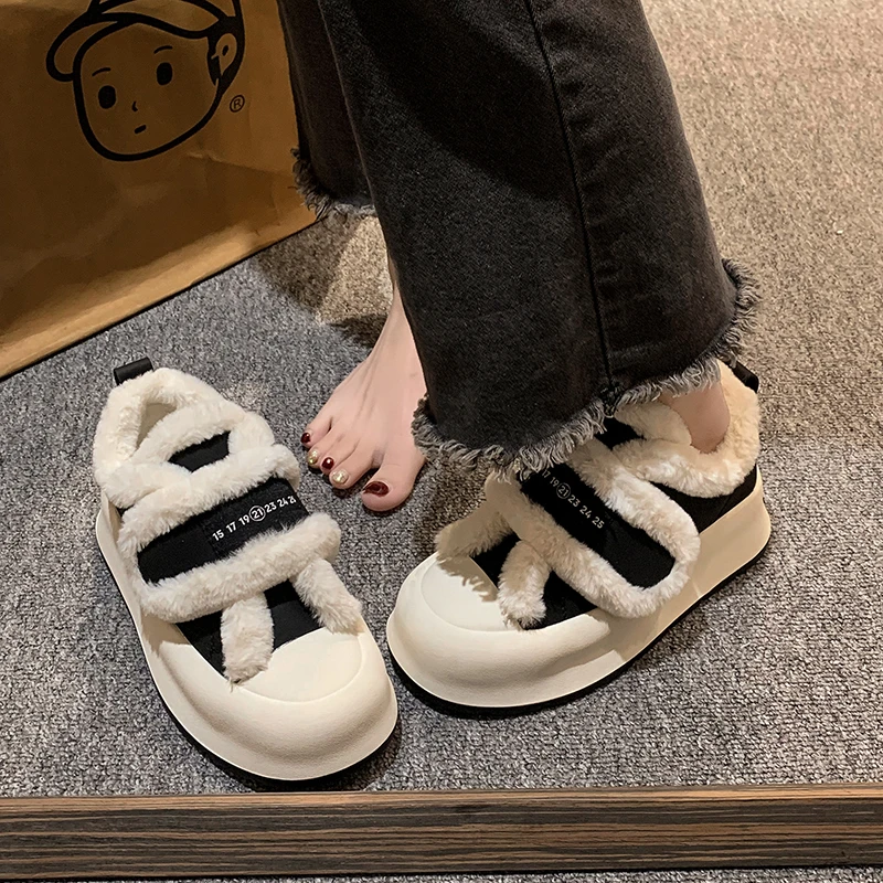 欧货真皮厚底休闲鞋板鞋女冬加绒毛毛鞋外穿魔术贴一脚蹬松糕百搭