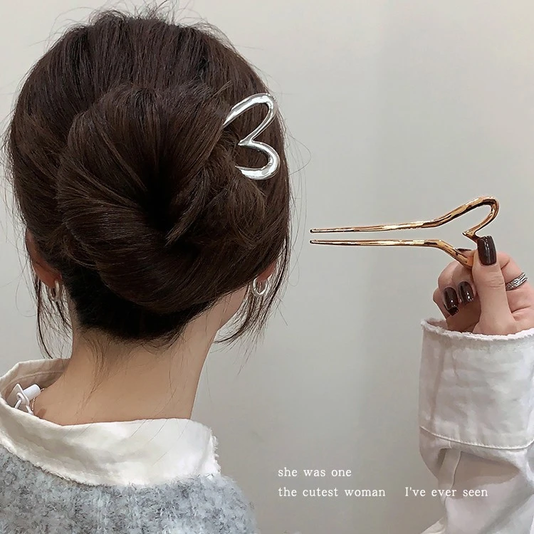新中式简约金属爱心发簪女高级感后脑勺盘头发簪子头饰丸子头发饰