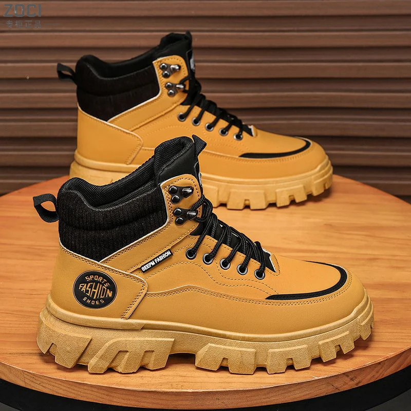 ZOCI高帮男鞋皮面防水厚底内增高英伦风大黄马丁靴男士登山短靴子