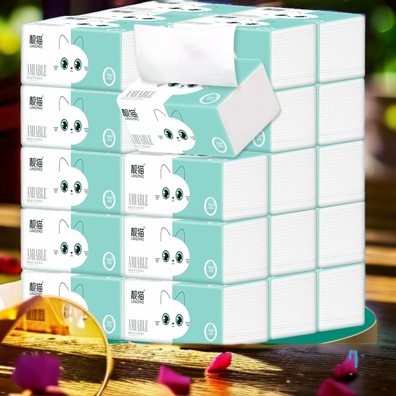 靓猫加厚48包家用木浆抽纸巾原木面巾纸抽用餐巾纸卫生纸厂家批发