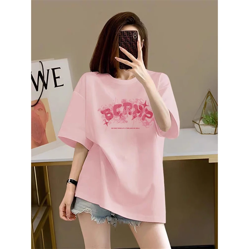 粉色纯棉短袖t恤女2024新款爆款夏季高级轻奢女装中长款百搭上衣