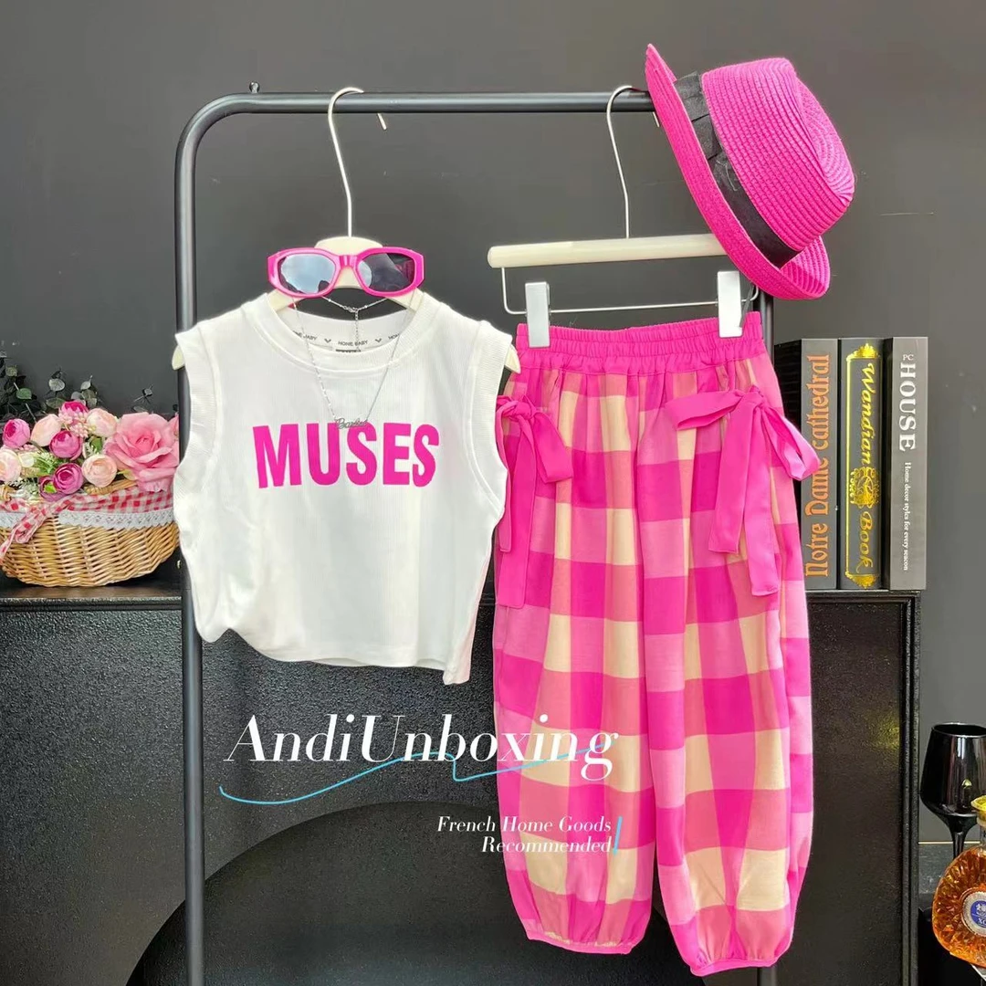 〖ANDI〗订制夏款女童简约字母背心格子长裤两件套套装2522