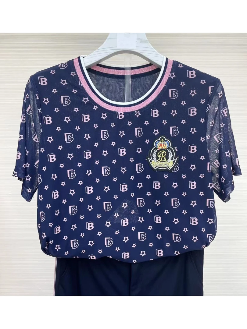 ///T5012【夏季新品】专柜纯色字母印花圆领气质时尚女百搭网纱T恤
