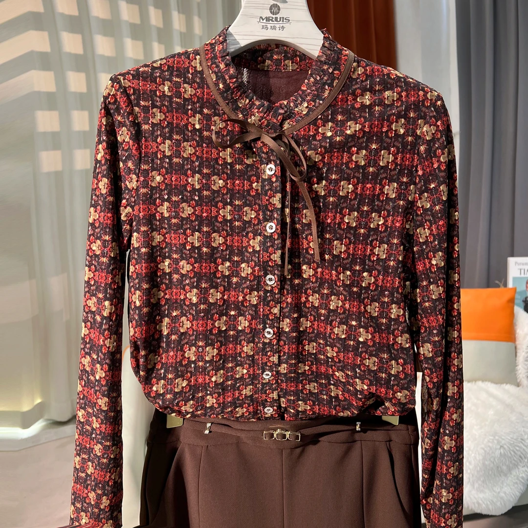 ///秋冬新款碎花上衣长袖印花网纱拉夫领套头开衫女百搭C6265