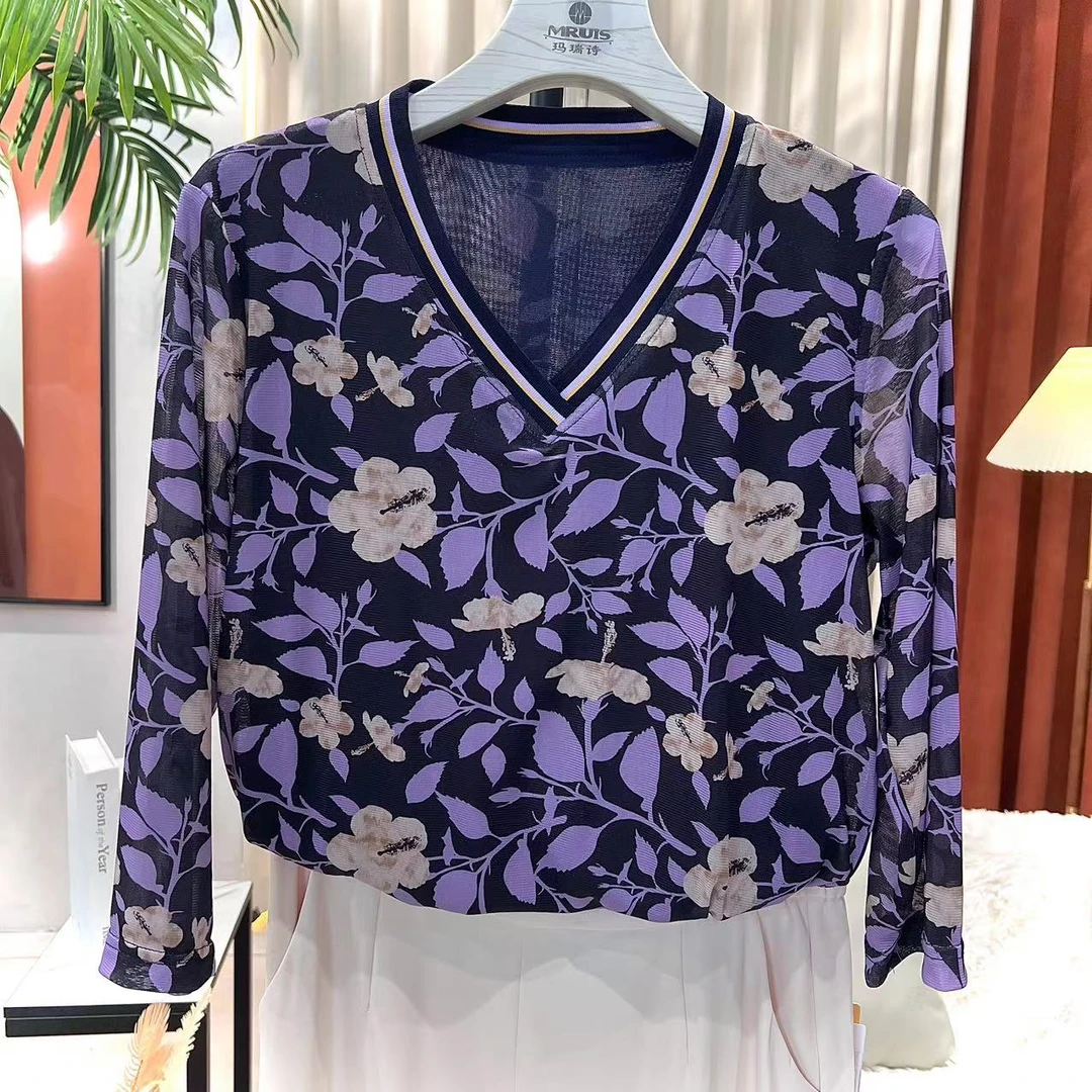 专柜春季新款女装V领罗纹拼接洋气碎花T恤长袖网纱优雅长袖上衣