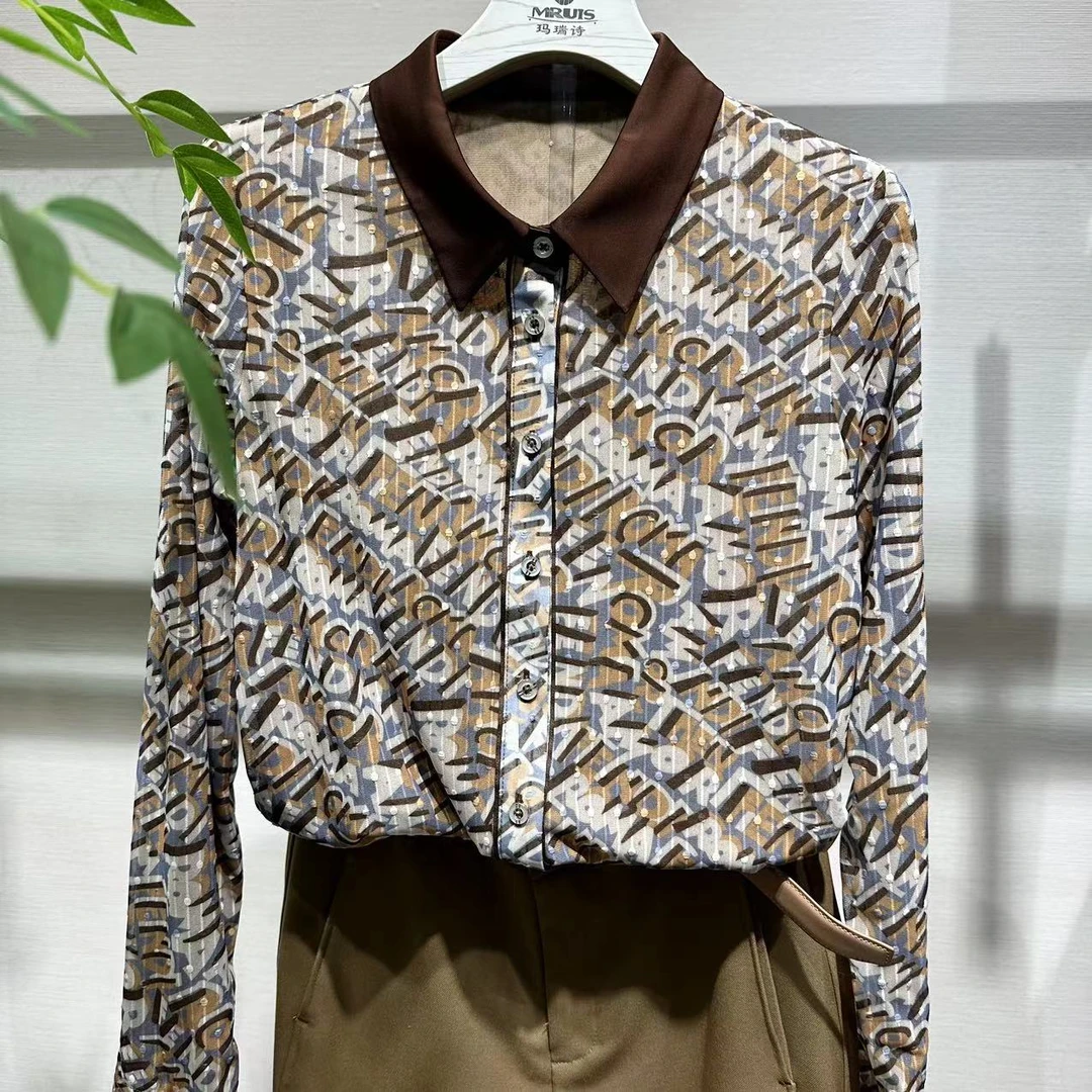 ///C6269【商场新款】春长袖翻领女衬衣春季时尚印花百搭轻奢衬衫