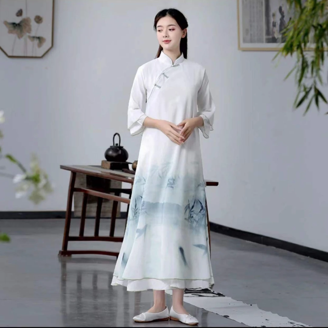 2211民族风复古水墨渐变旗袍连衣裙封神的3条绝美连衣裙夏季春夏