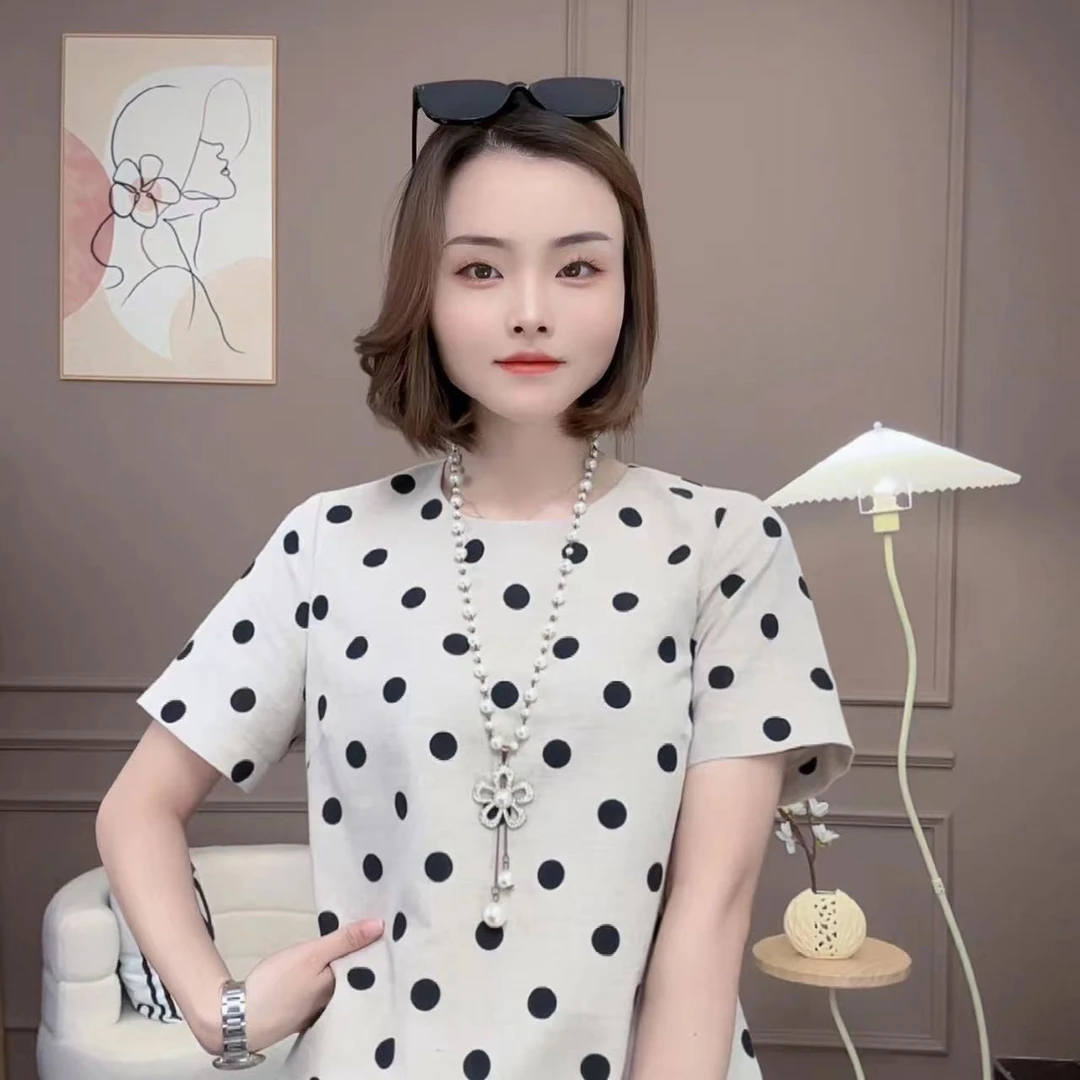 亚麻时代！永恒经典-简约-波点元素时尚显瘦圆领连衣裙