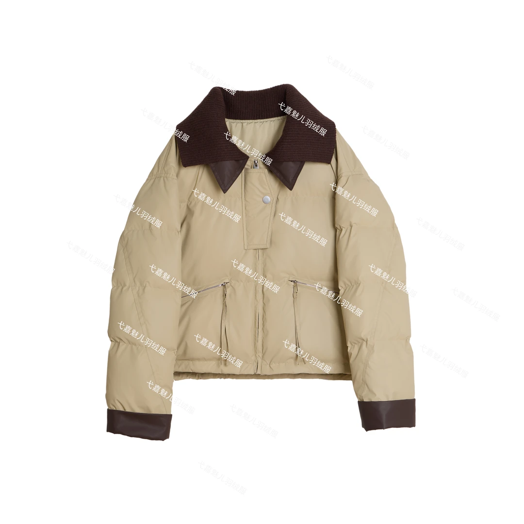 冬季新款针织翻领羽绒服女短款蛋白皮免洗拼接撞色加厚白鸭绒外套