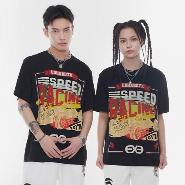 【赛车系列】EDHARDY X潮牌烫钻短袖T恤纯棉夏季痞帅情侣X1PBU473