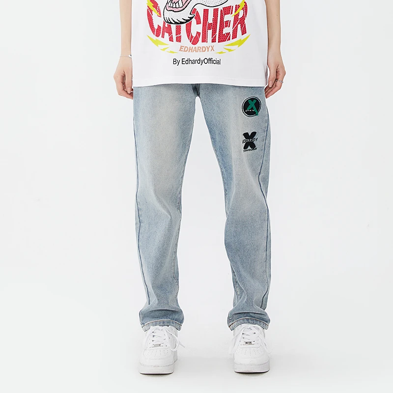 【COCO专属】EDHARDY X新款绣标LOGO水洗浅蓝直通牛仔长裤X1PAU212